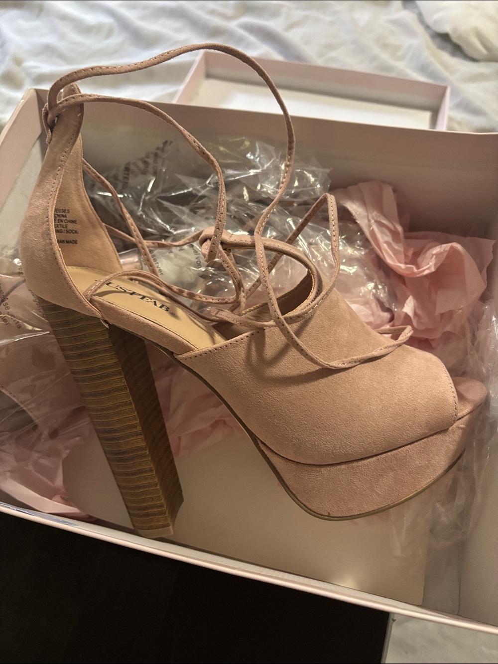 JustFab Blush Lace-Up Peep Toe Platform Heels